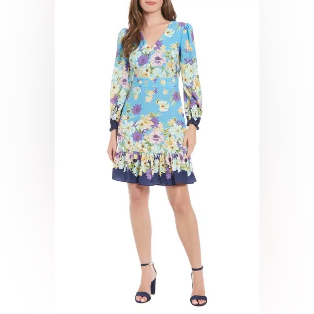 Floral Border Print Long Sleeve Dress- London Times